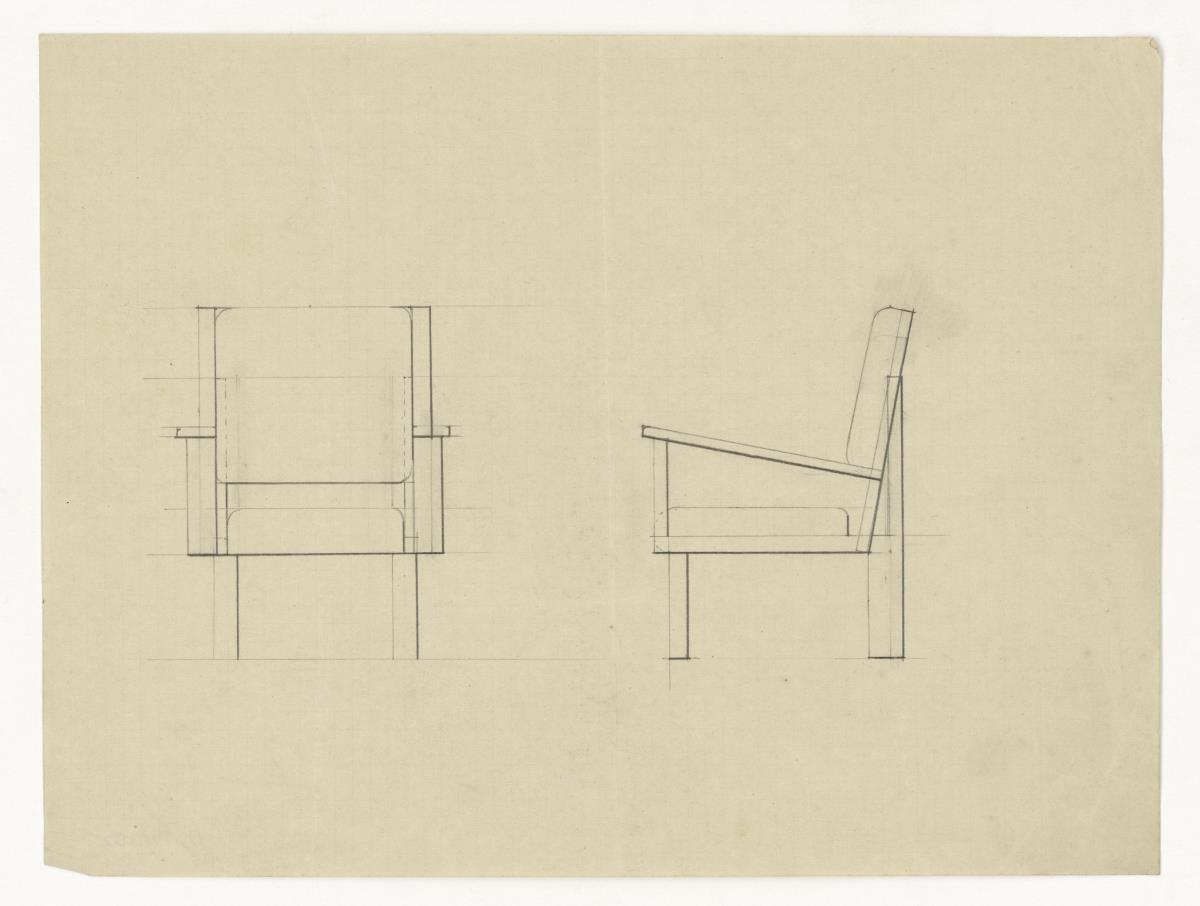 Polstersessel, Vorder- und Seitenansicht (Möbelentwürfe, Sitzmöbel)