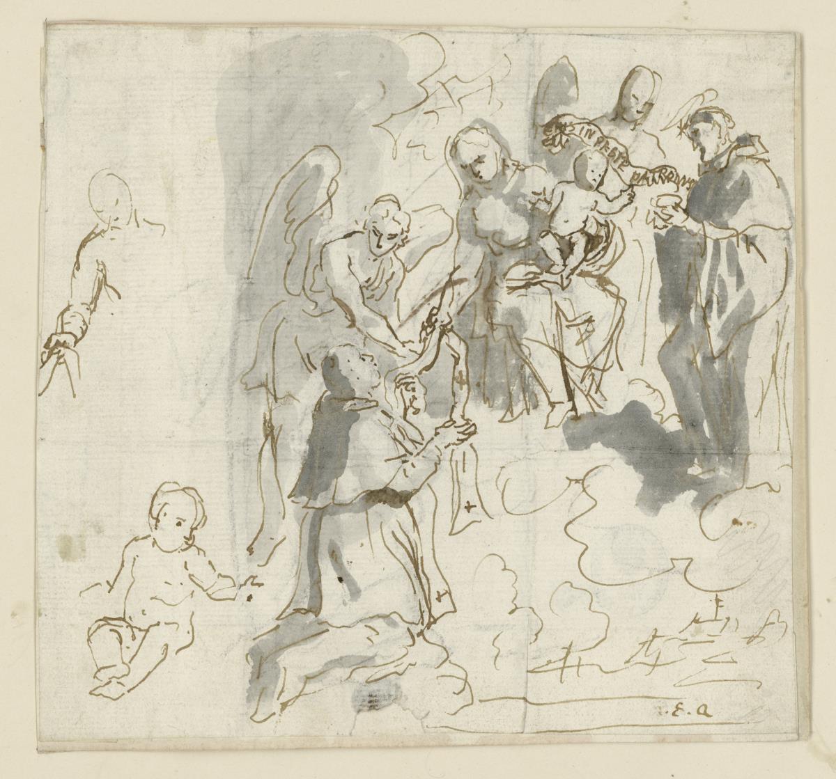 Bildnisskizze der Madonna auf Wolken mit zwei Engeln und zwei Heiligen
