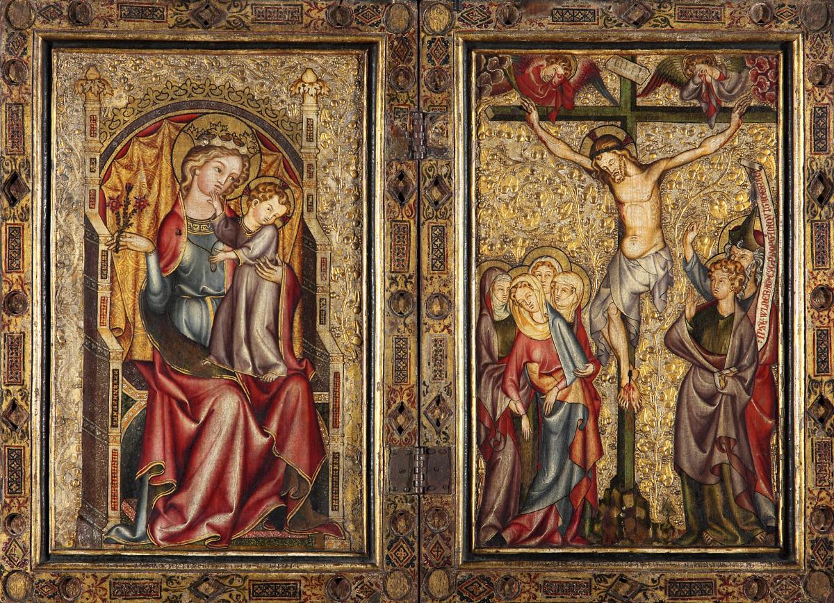 Diptychon mit thronender Madonna und Kreuzigung