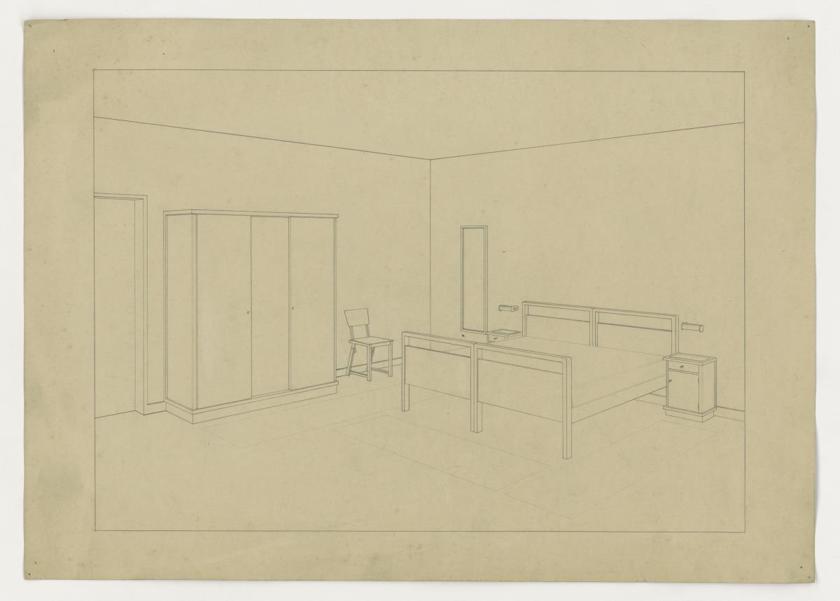 Schlafzimmer mit Doppelbett und Schrank (Möbelentwürfe, Schlafräume)