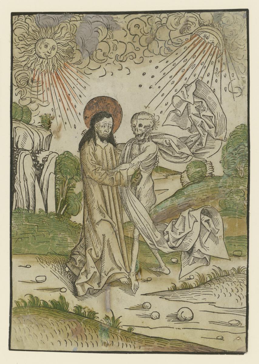 Christus und der Tod umarmen einander  (aus P. Stephan Fridolin: Der Schatzbehalter, Nürnberg, Koberger 1491,  45. Figur)