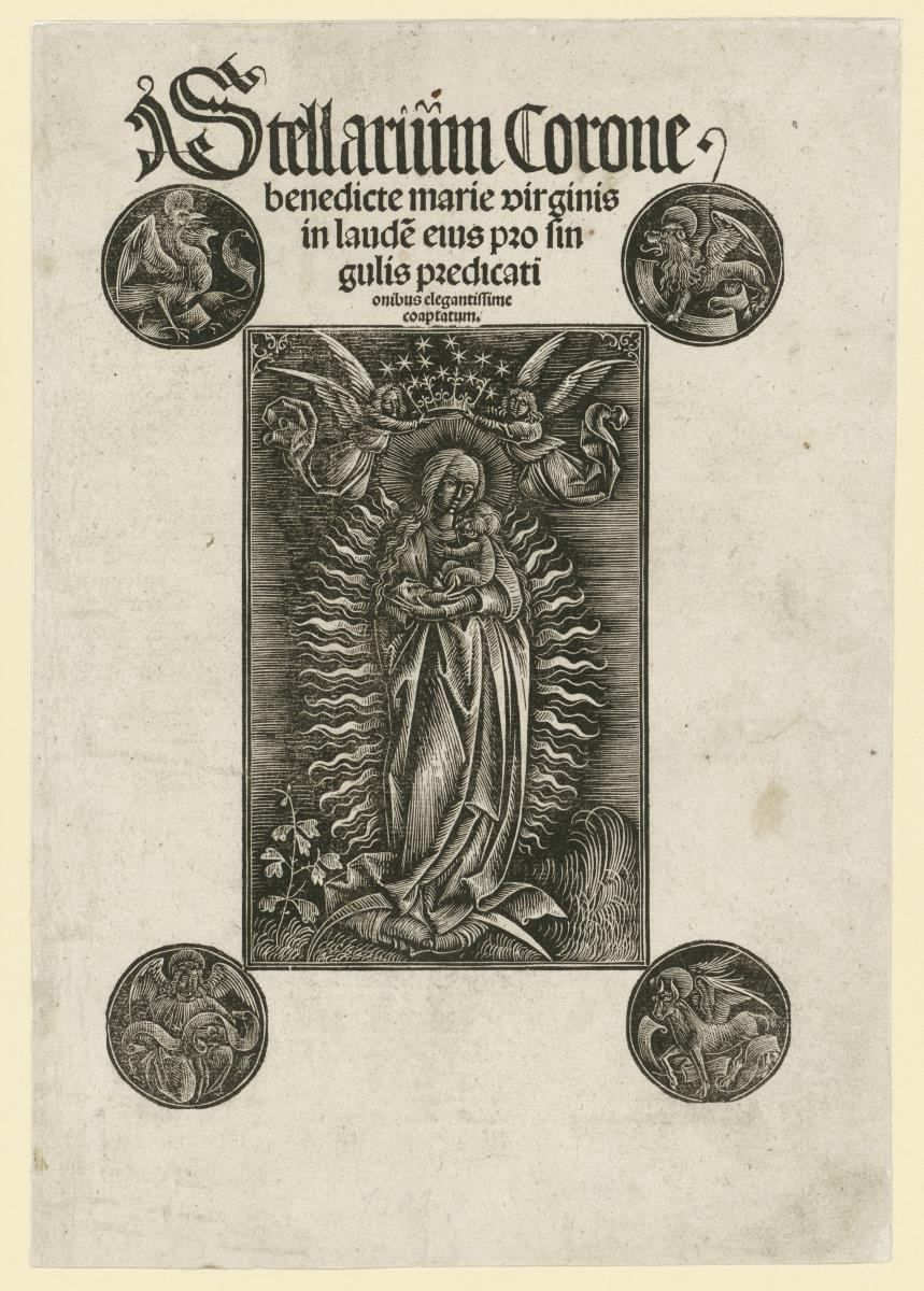 Madonna in der Glorie mit Evangelisten-Symbolen, Titelblatt zu einem Buch mit Predigten zu Marienfesten