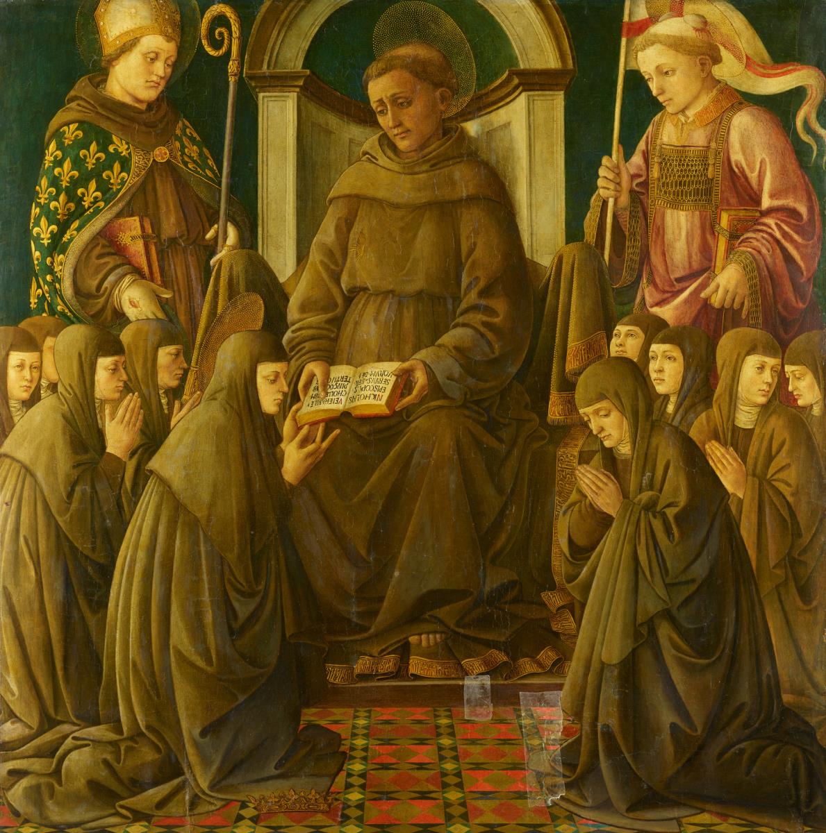 Der thronende heilige Franziskus überreicht der heiligen Klara die Ordensregel