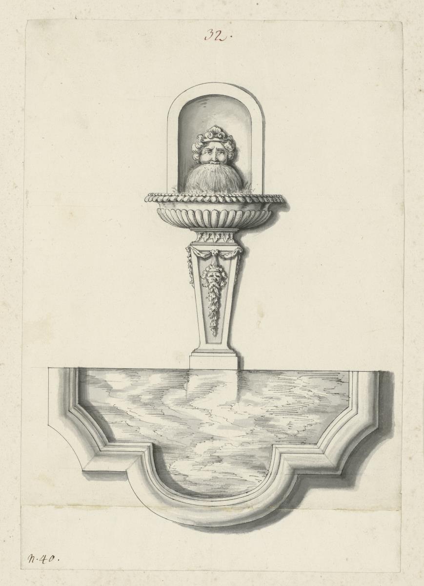 Wandbrunnen mit Bassin. Ansicht von vorn und oben
