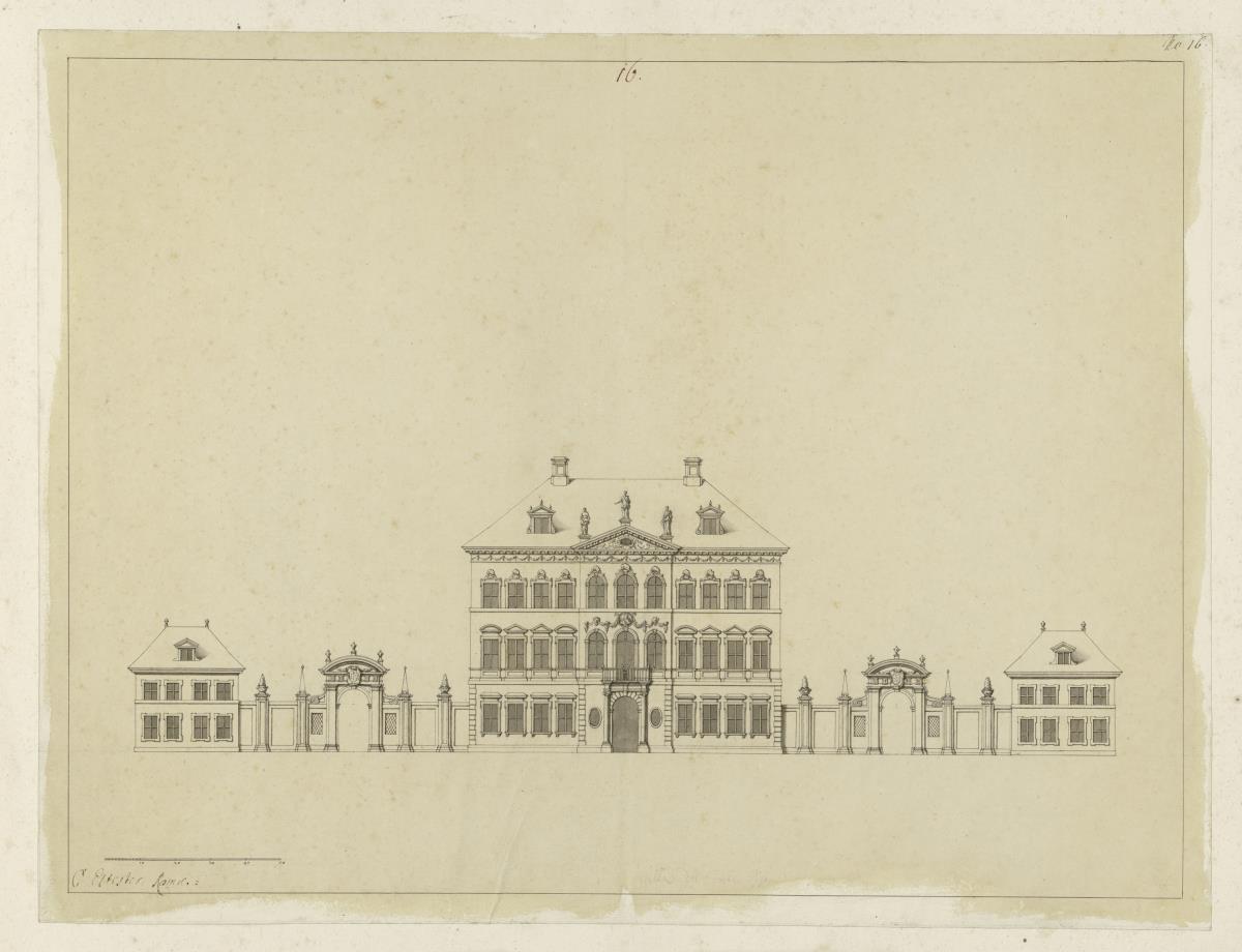 Rom. Straßenfront eines Palais mit seitlichen Pavillons sowie Mauern mit Portalen