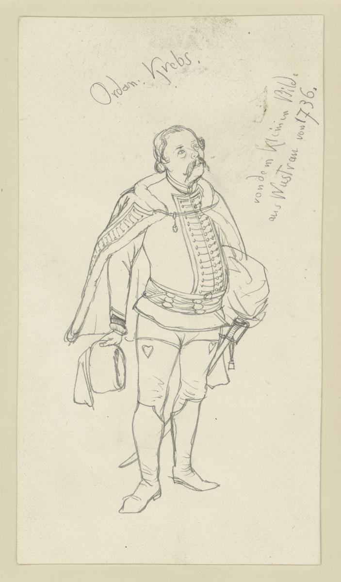 Ordonnanz Krebs, Husar, nach einem Bildnis von 1736  aus der Galerie in Wustrau, mit Notizen