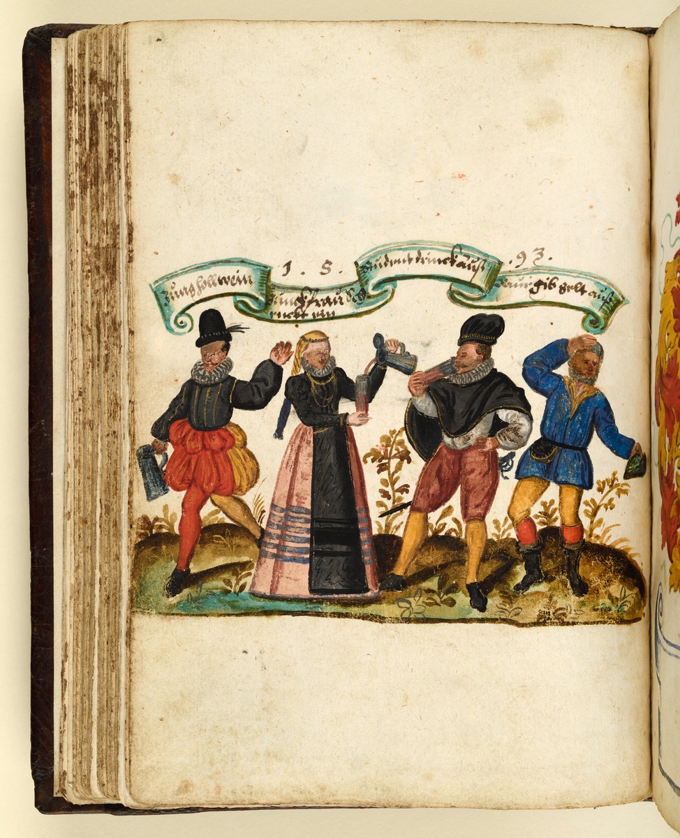 Stammbuch des Leonhard Hayder von Nürnberg: Dame und Herren mit Trinkgefäßen