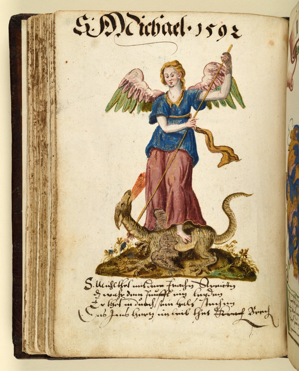Stammbuch des Leonhard Hayder von Nürnberg: Erzengel Michael tötet den Drachen