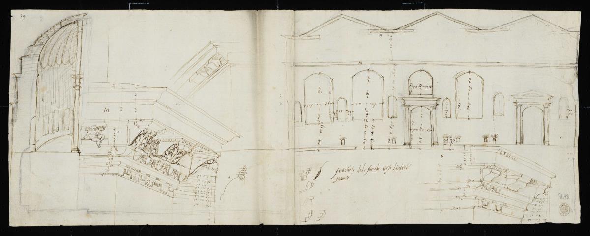 Diocletians Thermen, Aufriss der Fassade der Nordwestseite,von der zweiten Ecke aus, Gesims