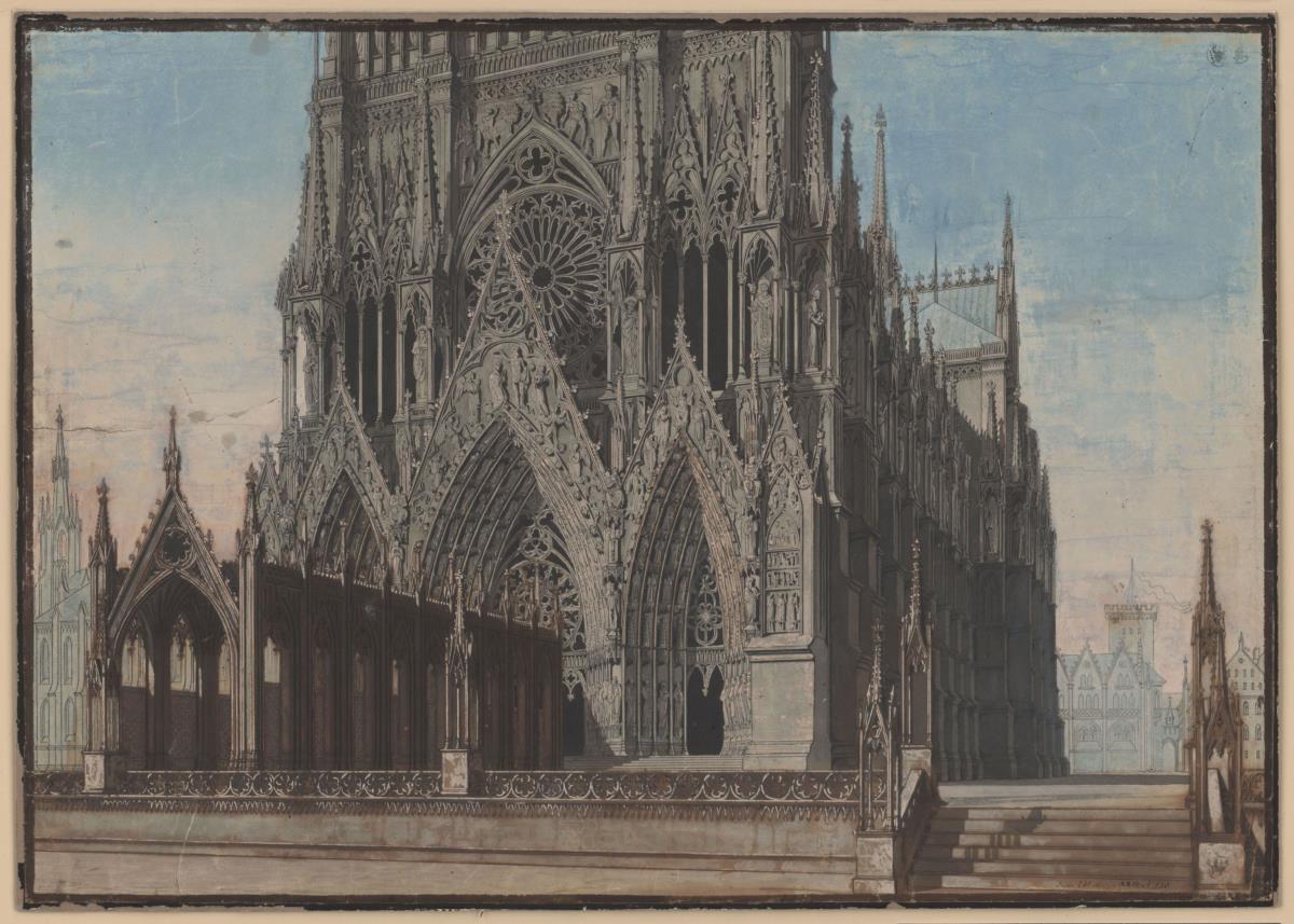 Die Jungfrau von Orleans. Trauerspiel von Friedrich Schiller. Entwurf zur 9. Dekoration. Fassade der Kathedrale von Reims