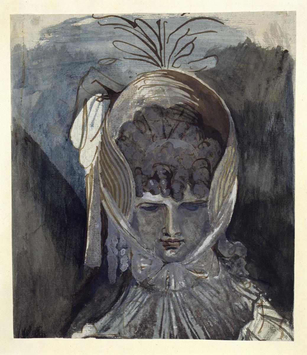 Brustbild einer Frau mit Kapotte (Damenhut mit Kinnband) - Die Ehefrau des Künstlers, Sophia Füssli, geb. Rawlins