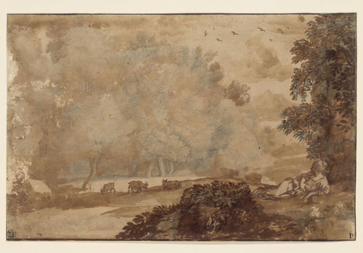 Baumlandschaft mit lagernder weiblicher Gestalt und weidendem Vieh