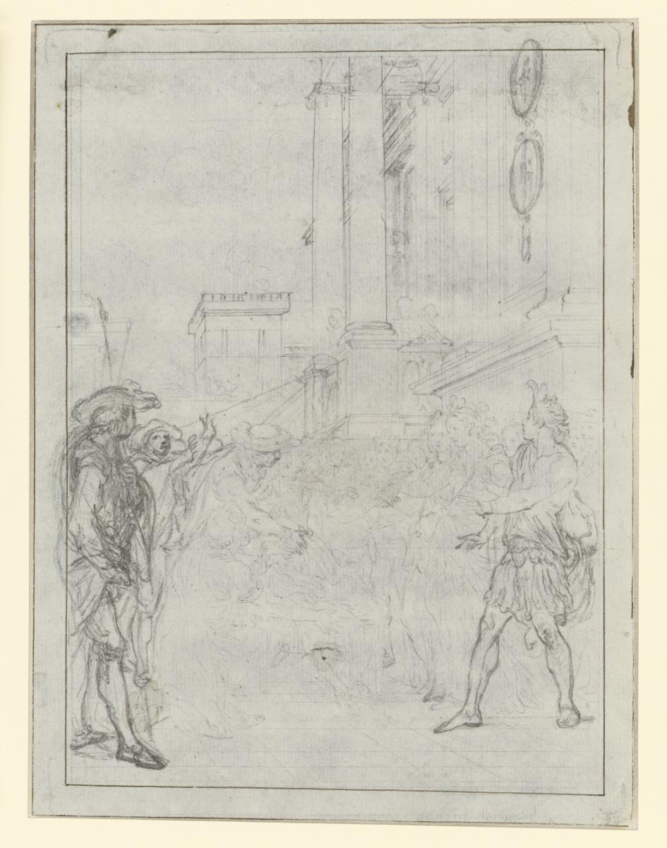 Entwurf zu einer Illustration von Voltaires "Alzire ou les Américains", 5. Akt, Finale: "Quoi donc, les vrais Chrétiens auraient tant de vertu"