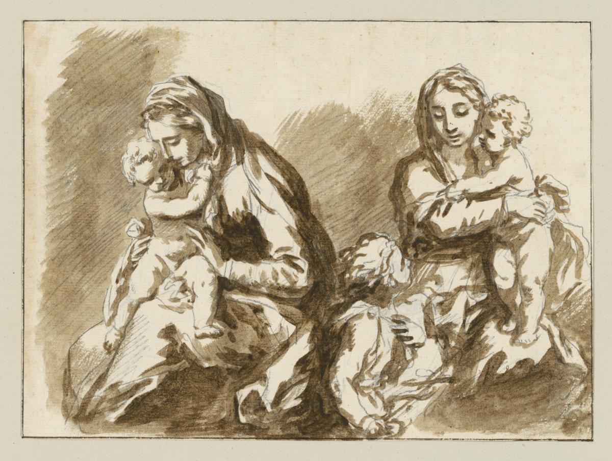 Zwei Studien einer Madonna mit dem Kind. Zu der rechts befindlichen Gruppe tritt von links der Johannesknabe hinzu