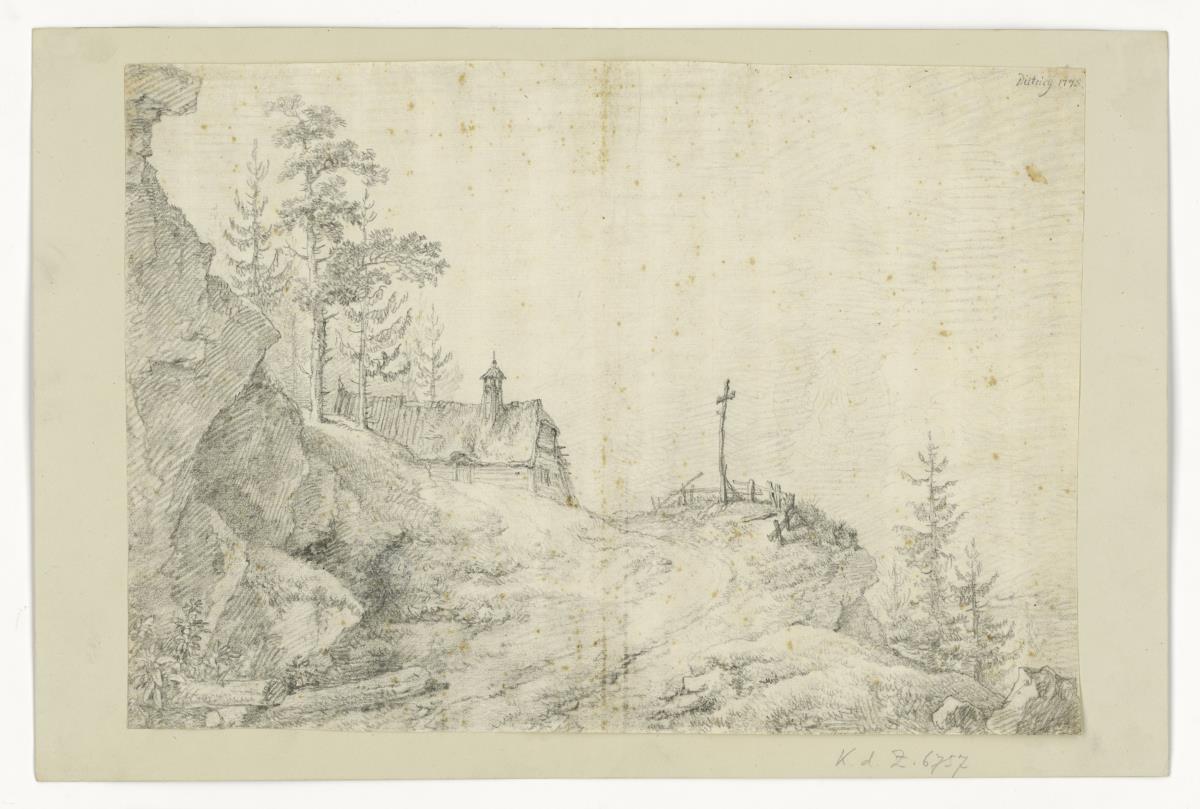 Einsiedlerhütte am Bergwege. Rechts ein Kreuz