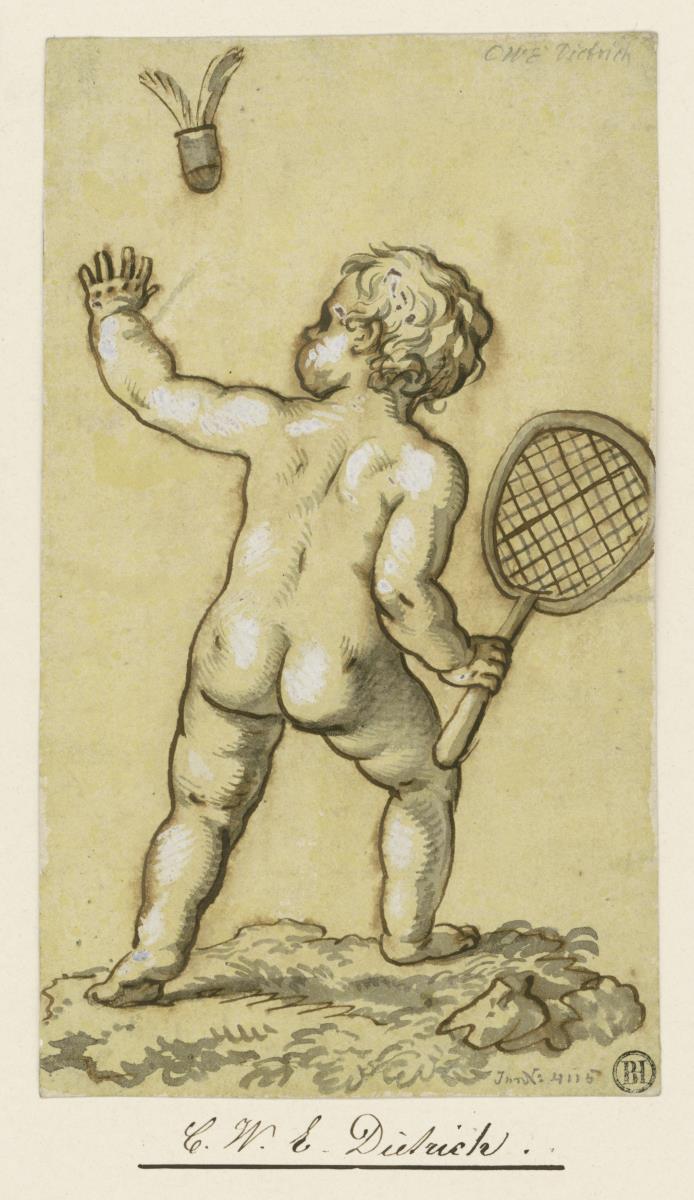 Ein Putto in Rückansicht, nach rechts gehend, mit dem Federball spielend