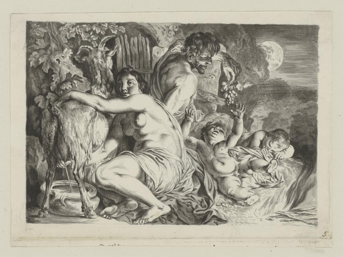Eine Satyrfamilie. Die Frau melkt links eine Ziege. Rechts hinten der Satyr und die beiden Kinder. - Vielleicht soll die Sage von der Amalthea dargestellt sein