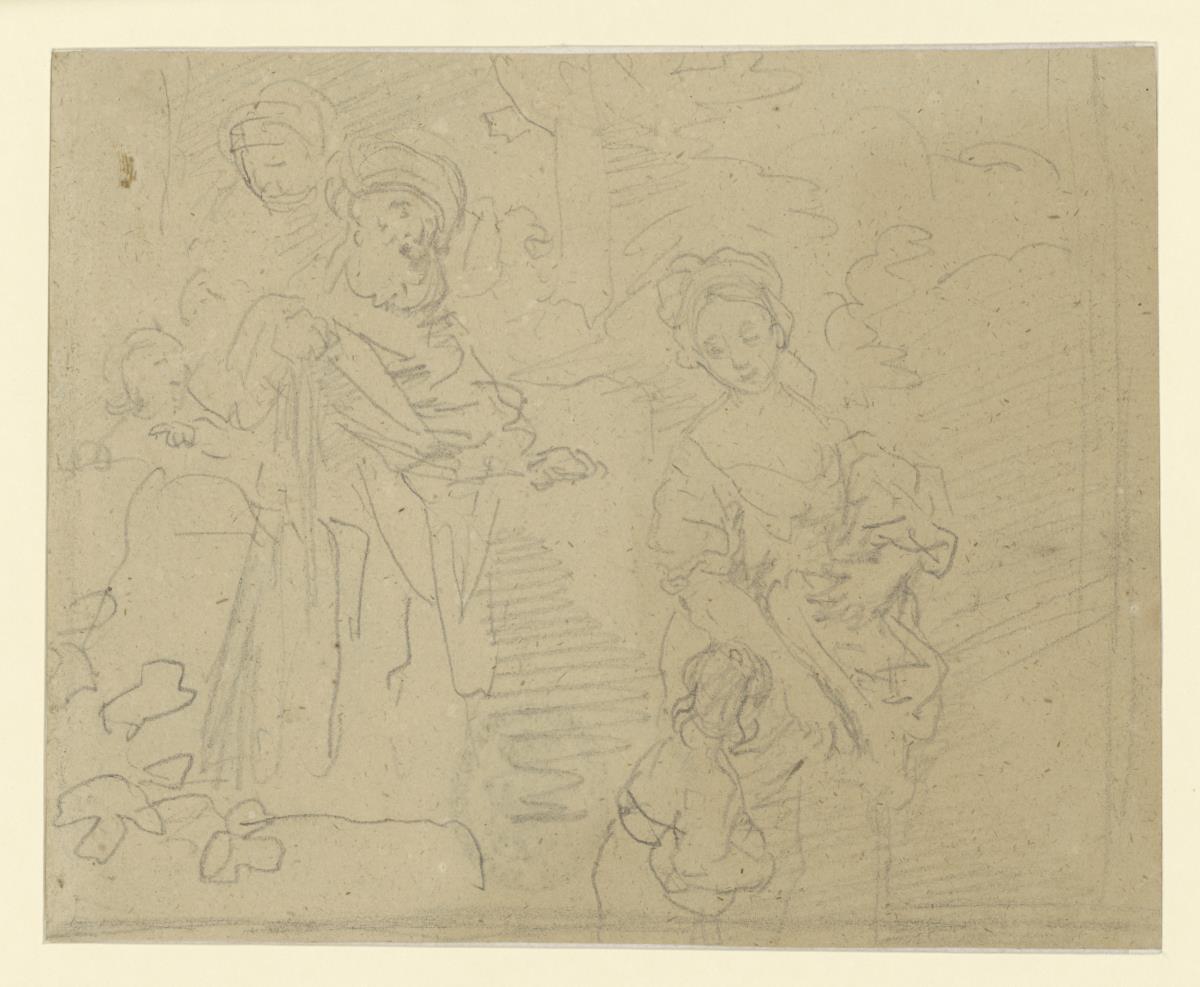 Die Verstoßung der Hagar. Abraham, hinter dem Sara und ihr Sohn sichtbar sind, weist Hagar mit ihrem Kinde nach rechts fort
