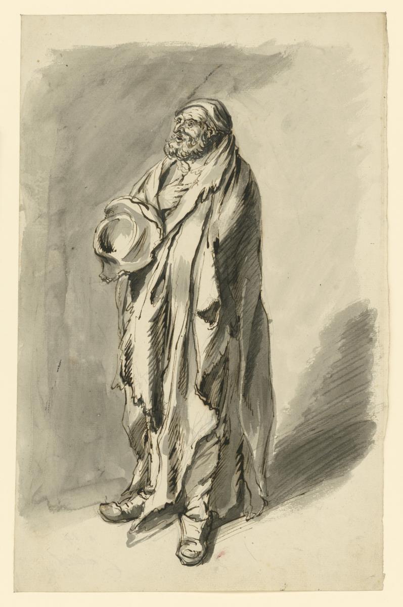 Stehender Bettler, den Hut vor der Brust