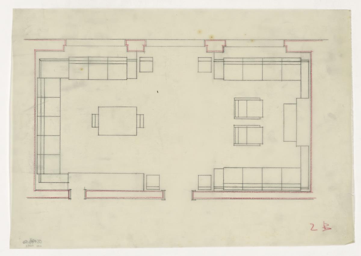 Kaminzimmer, Grundriss 2B, Auftrag Götsch, Musikheim (Möbelentwürfe, Wohnräume)
