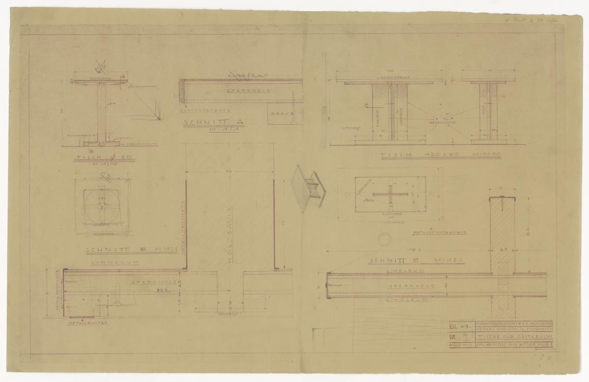 Tische, Auftrag Flughafen Leipzig-Halle, S. (Möbelentwürfe, Tische)
