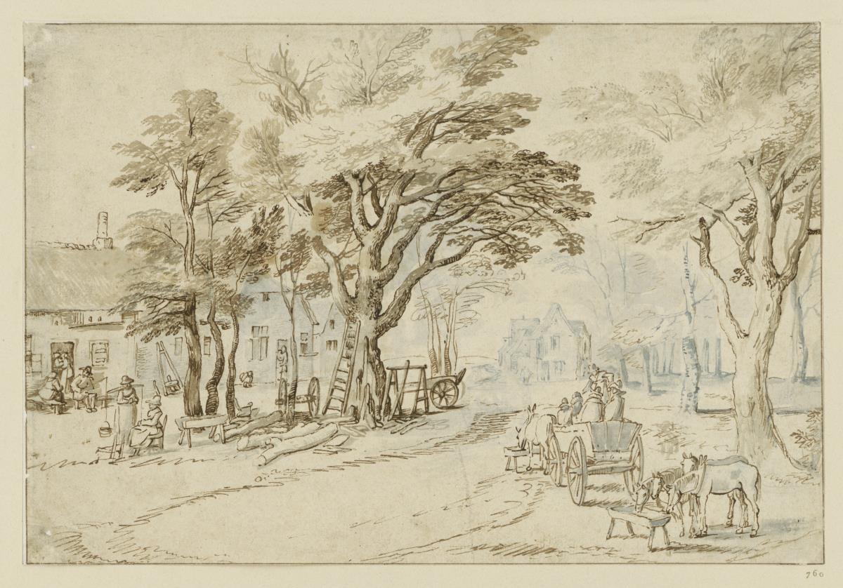 Dorfplatz mit Bäumen, rechts Pferde an der Krippe und ein Fuhrwerk