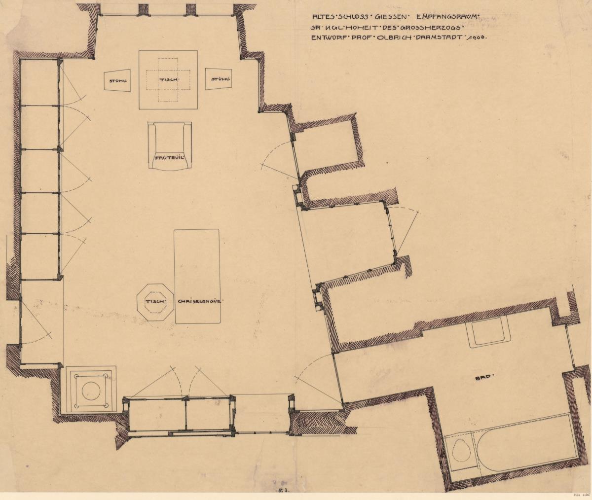 Giessen, Grossherzogliche Wohnung im Alten Schloss, Empfangszimmer, Grundriss mit Möblierungsplan