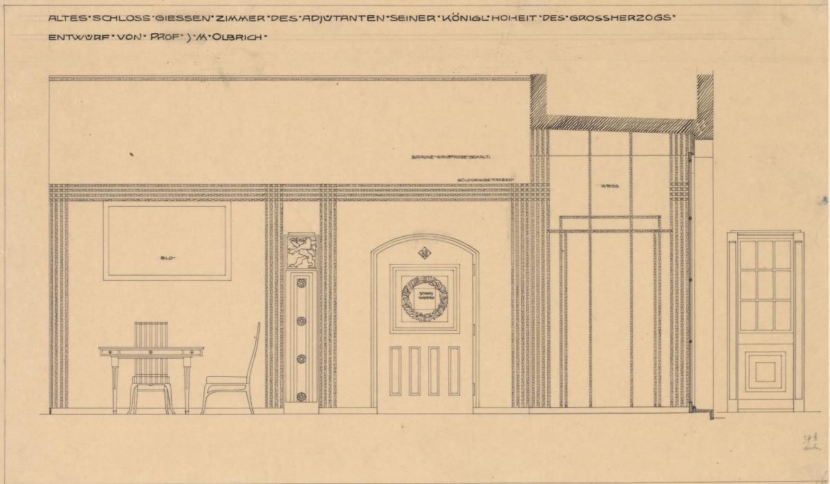 Giessen, Grossherzogliche Wohnung im Alten Schloss, Adjutantenzimmer, Aufriss der Südwand mit Schnitt durch die Fensternische und Aufriss des Zierschrankes