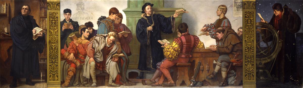 Reformationszeit. Wandbild aus dem sechsteiligen Zyklus "Jugendleben und Jugenderziehung in antiker und moderner Zeit" für die Aula des Königlichen Gymnasiums zu Bromberg