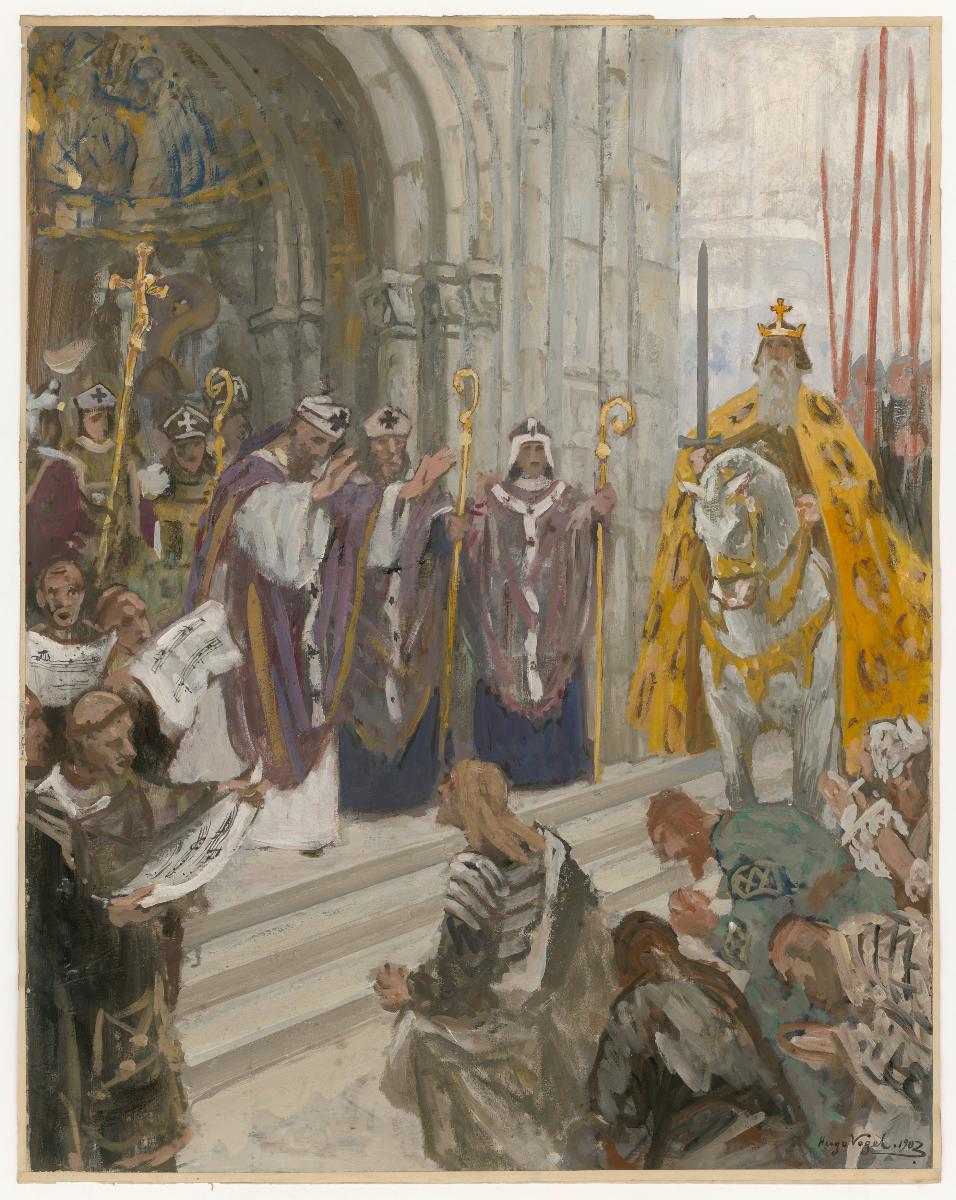 Karl der Große als Hirt der Christenheit. Der Kaiser zu Pferde vor einem Kirchenportal, von Bischöfen und singenden Mönchen empfangen. L. vorne Kniende
