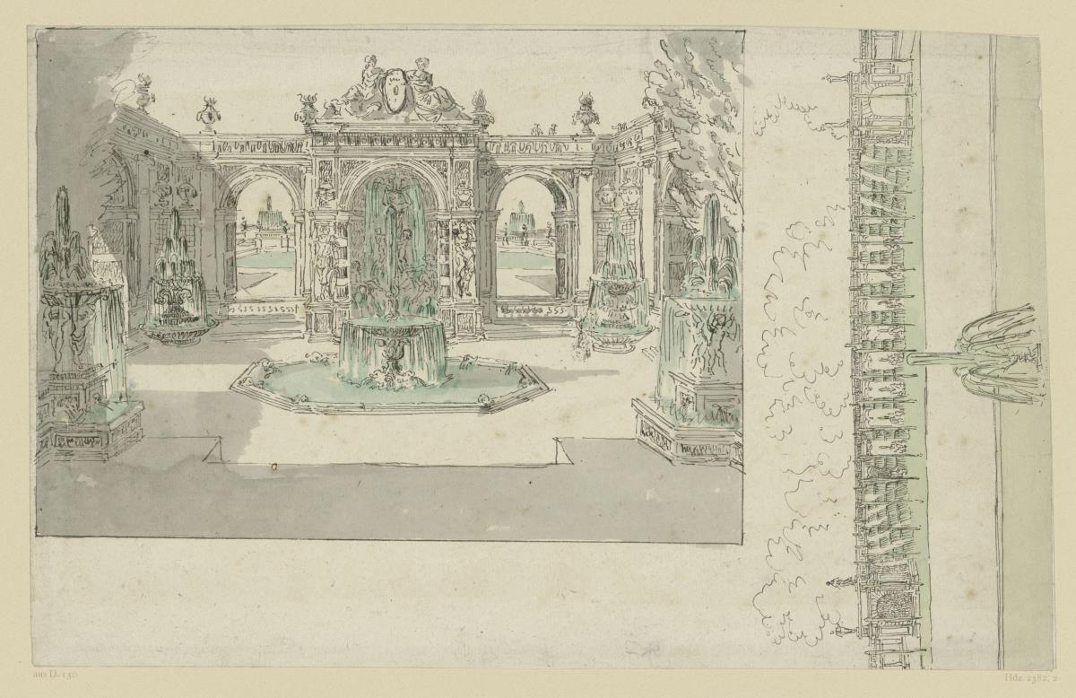 Skizze nach Anlagen des Schlosses Versailles, Architektur und Brunnen