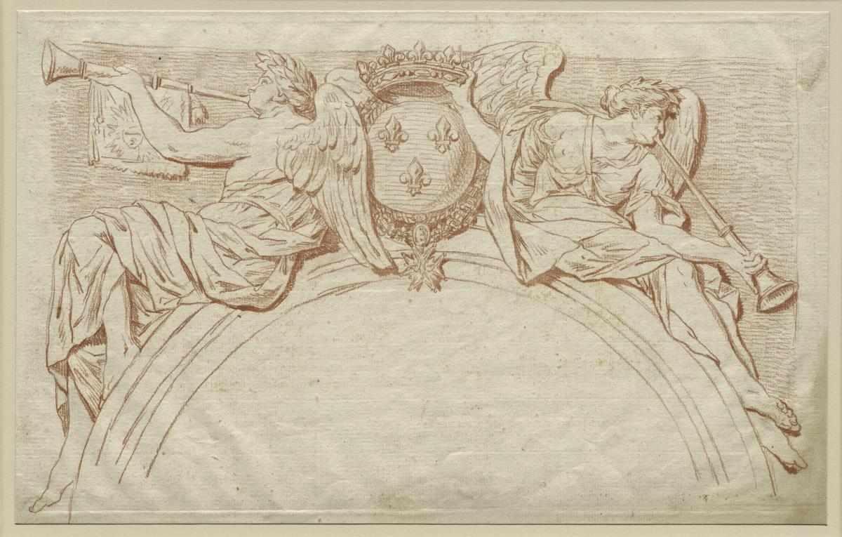 Bogendekoration mit zwei Victorien und Wappen am Scheitel