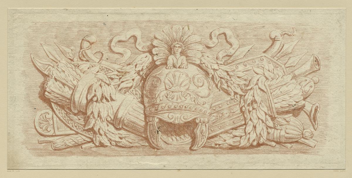 Bekrönungsstück aus Trophäen mit Girlande und Helm