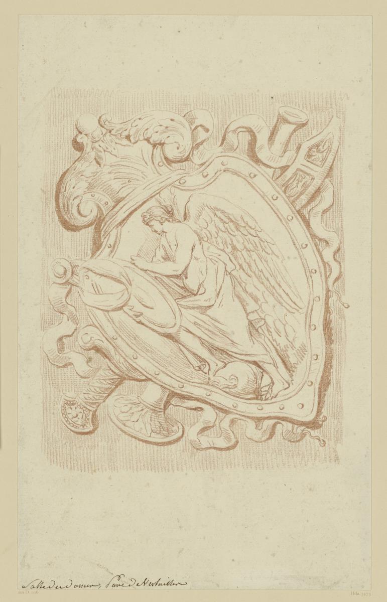 Trophäengruppe mit Schild, Victoria, schreibend