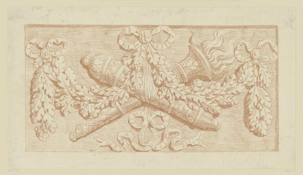 Querfüllung mit Köcher, Fackel, Blatt u. Blütengirlande