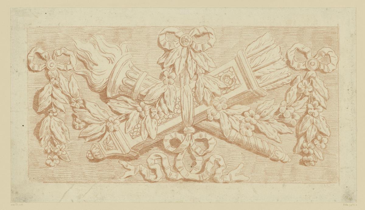 Querfüllung mit Köcher, Fackel, Blatt u. Blütengirlande