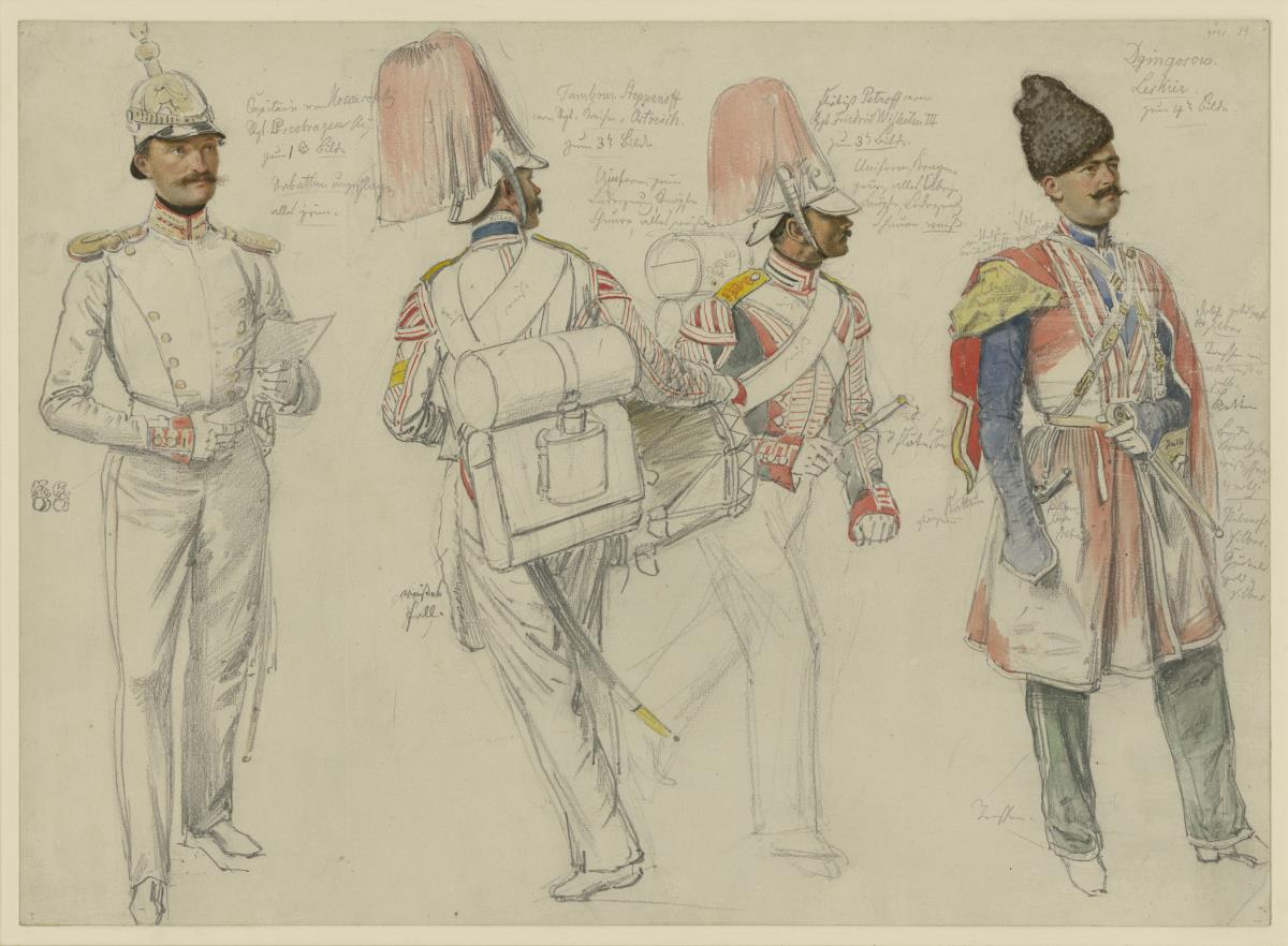 von Kossacowski, Kapitän vom Regiment Preobraschenski; Steppanoff, Tambour vom Regiment Kaiser von Österreich; Petroff, Flötist vom Regiment Friedrich Wilhelm III.; Dgingosow, Leskier