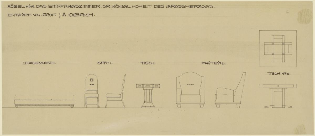 Giessen, Grossherzogliche Wohnung im Alten Schloss Empfangszimmer, Aufrisse und Seitenansichten von Stuhl und Sessel, Aufriss und Grundriss des grossen Tisches sowie Aufrisse von Chaiselongue und kleinem Tisch