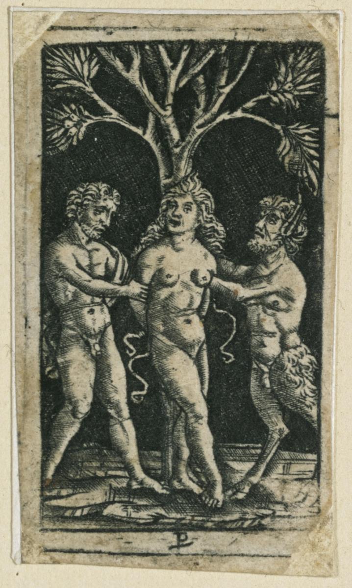 Nymphe an einen Baum gebunden von einem Satyr und einem Faun