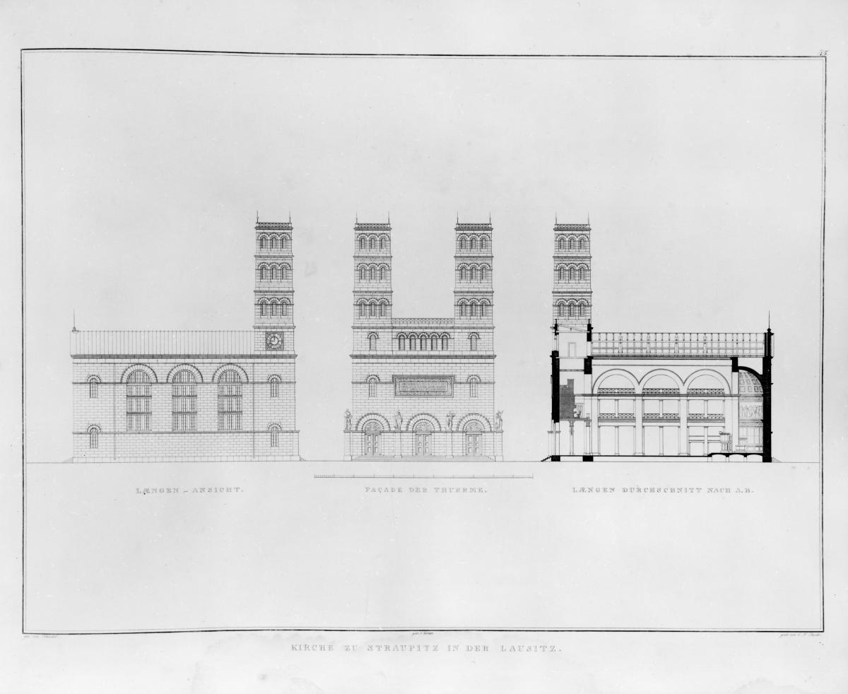 Sammlung architektonischer Entwürfe. Tafel 92 ( = Heft 14, Tafel 86, 1829): Straupitz. Entwurf zur einer Kirche. Längsansicht, Längsschnitt und Fassade