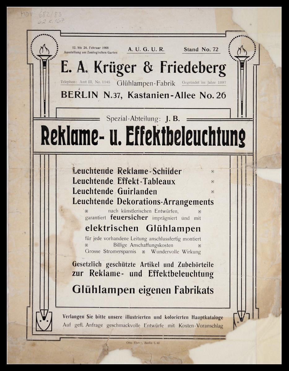 Werbeblatt: Reklame- u. Effektbeleuchtung, E. A. Krüger & Friedeberg, Berlin, 1908
