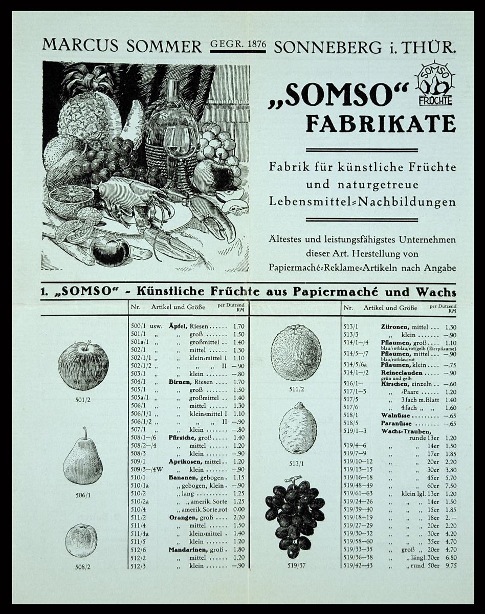 "Somso" Fabrikate (künstliche Früchte und naturgetreue Lebensmittel-Nachbildungen)