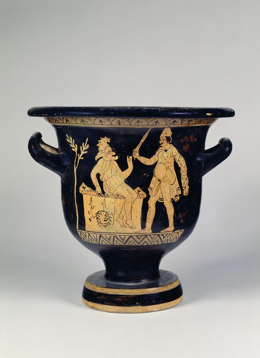 frühitalischer Glockenkrater: Phlyakenposse (Priamos und Neoptolemos)
