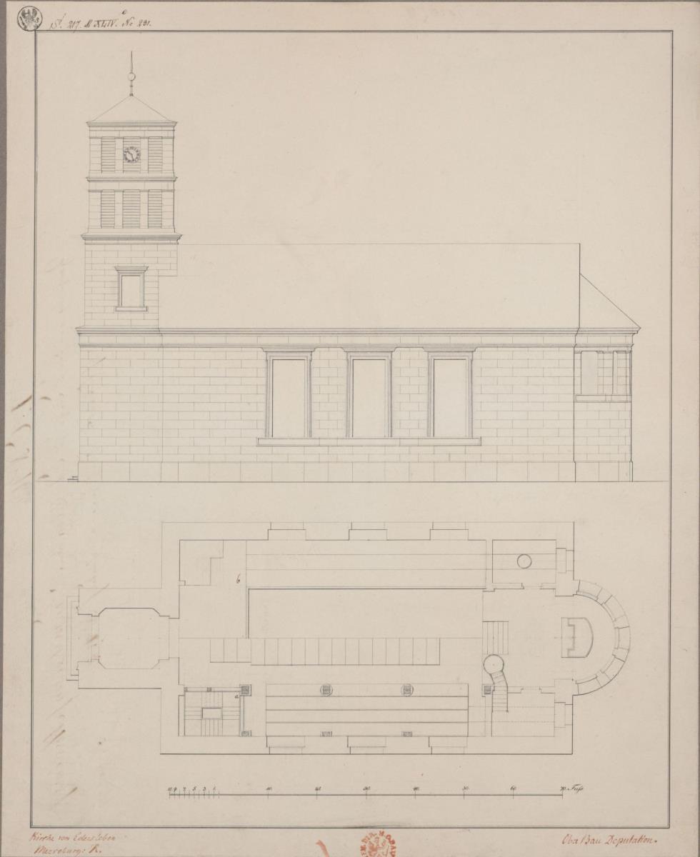 Edersleben. Entwurf zur evangelischen St.-Bartholomäus-Kirche. Aufriss der Längsseite und Grundriss