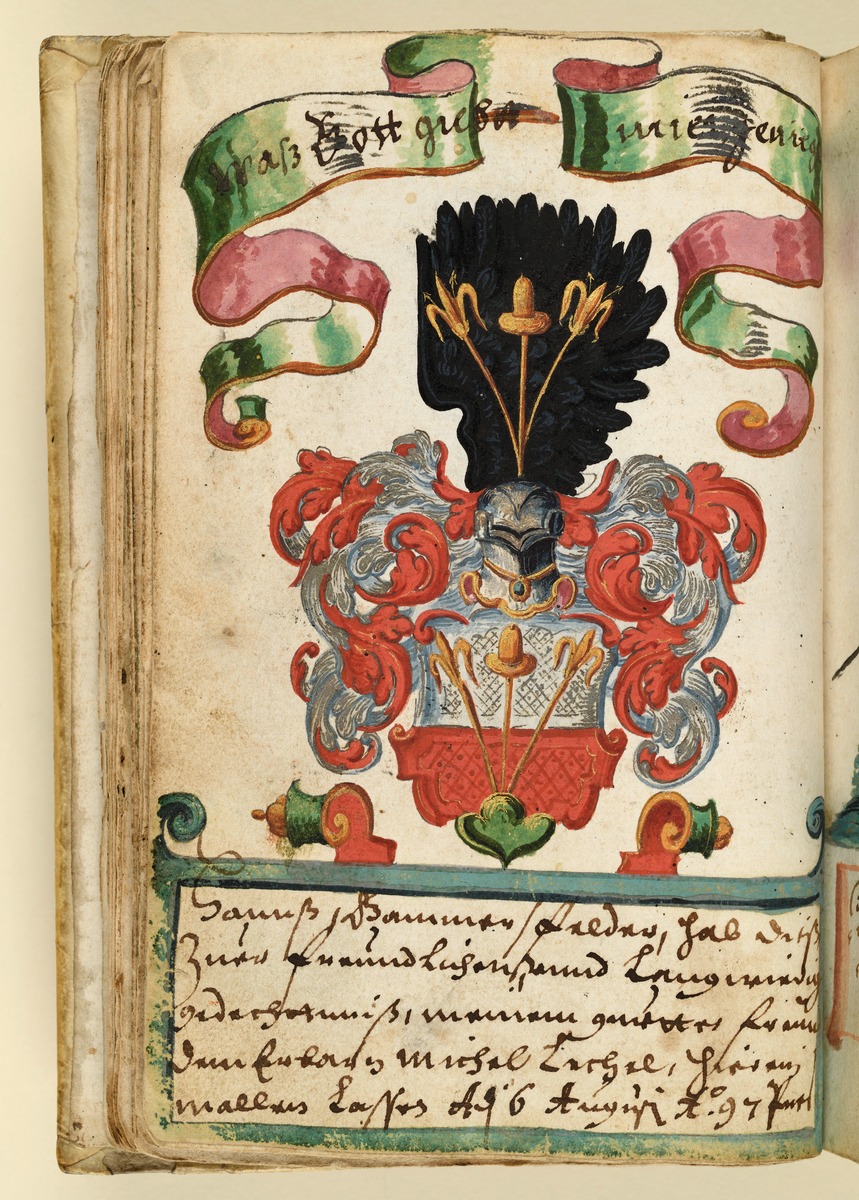 Stammbuch des Michael Löchel von Nürnberg: Allegorie Reiter auf Wildschwein, fünf Frischlinge / verso: Wappen