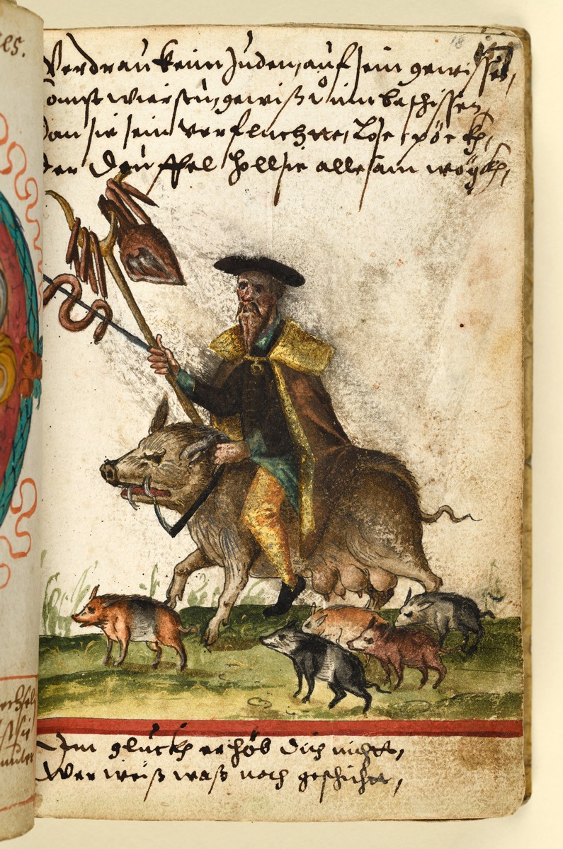 Stammbuch des Michael Löchel von Nürnberg: Allegorie Reiter auf Wildschwein, fünf Frischlinge / verso: Wappen