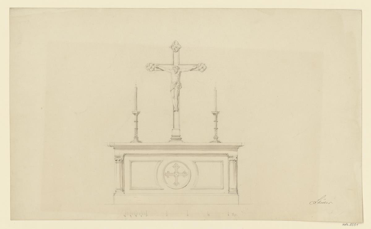 Entwurf für Altar mit Kruzifix, Aufriss