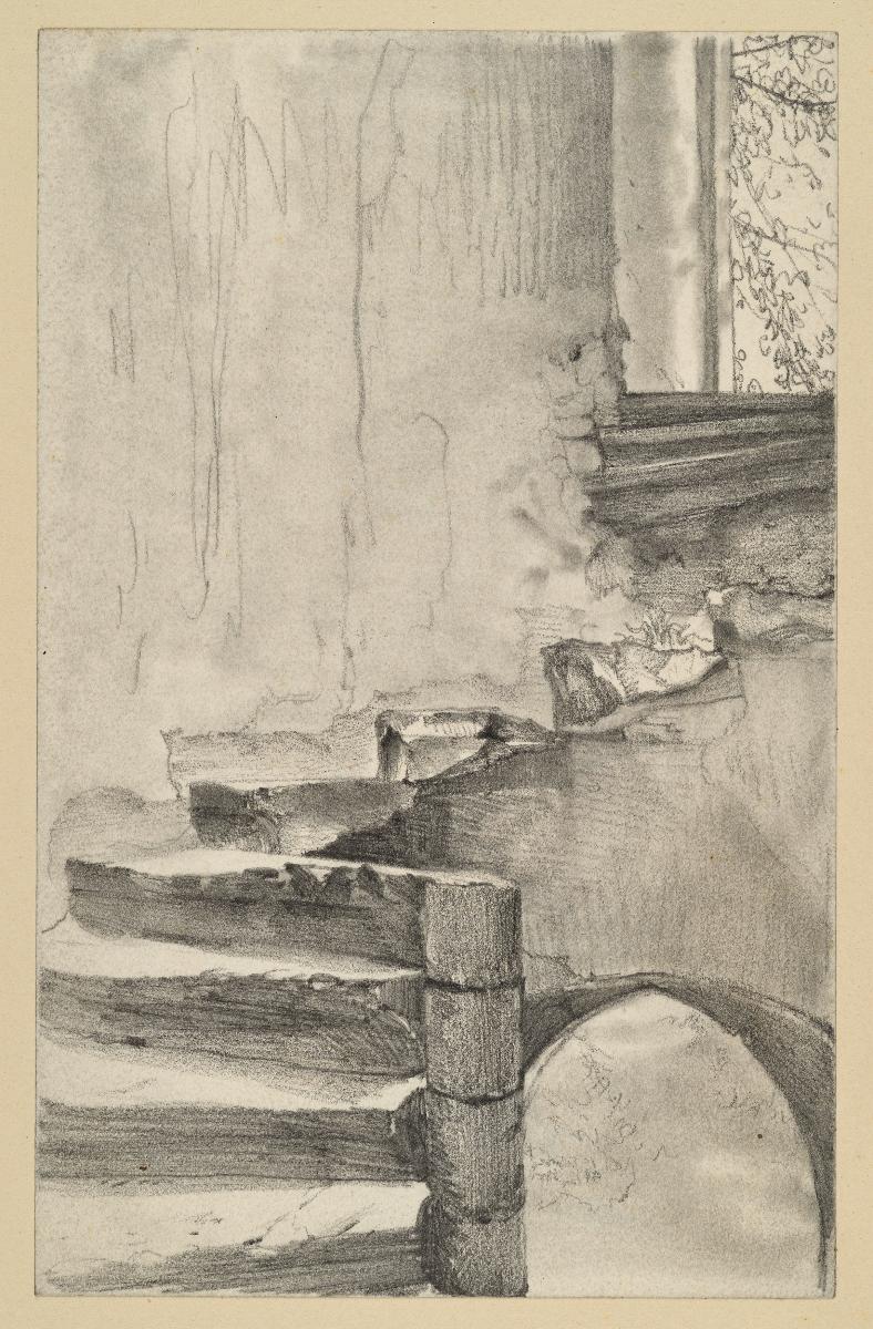 Steinerne Wendeltreppe mit Blick aus einer Fensteröffnung