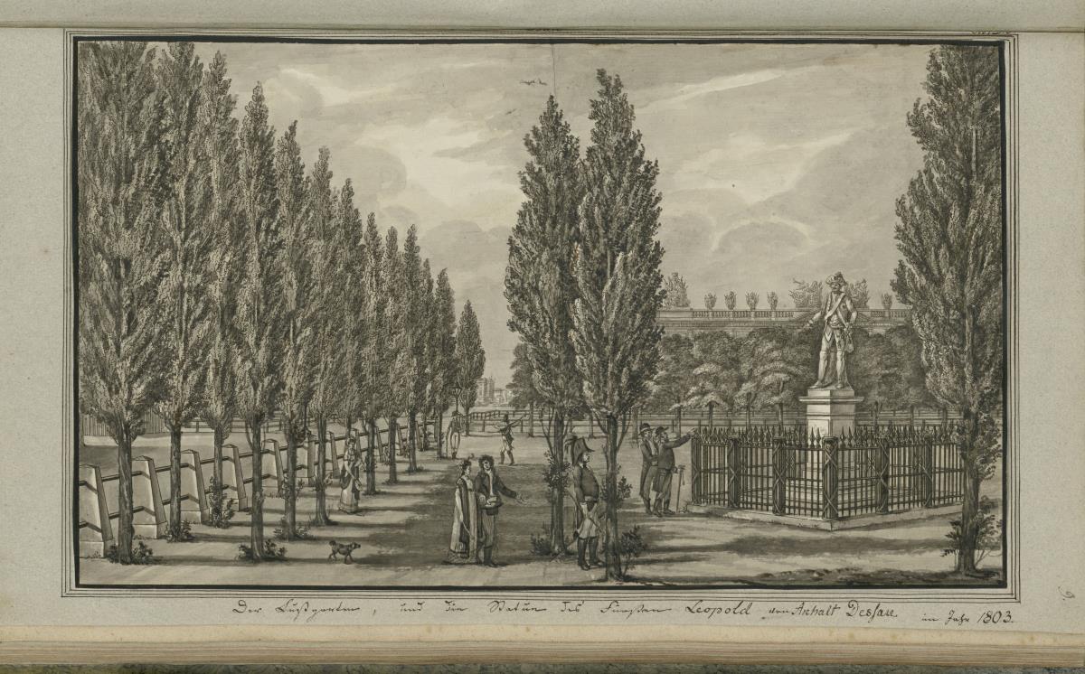 Cölln. Der Lustgarten, und die Statue des Fürsten Leopold von Anhalt Dessau im Jahr 1803.