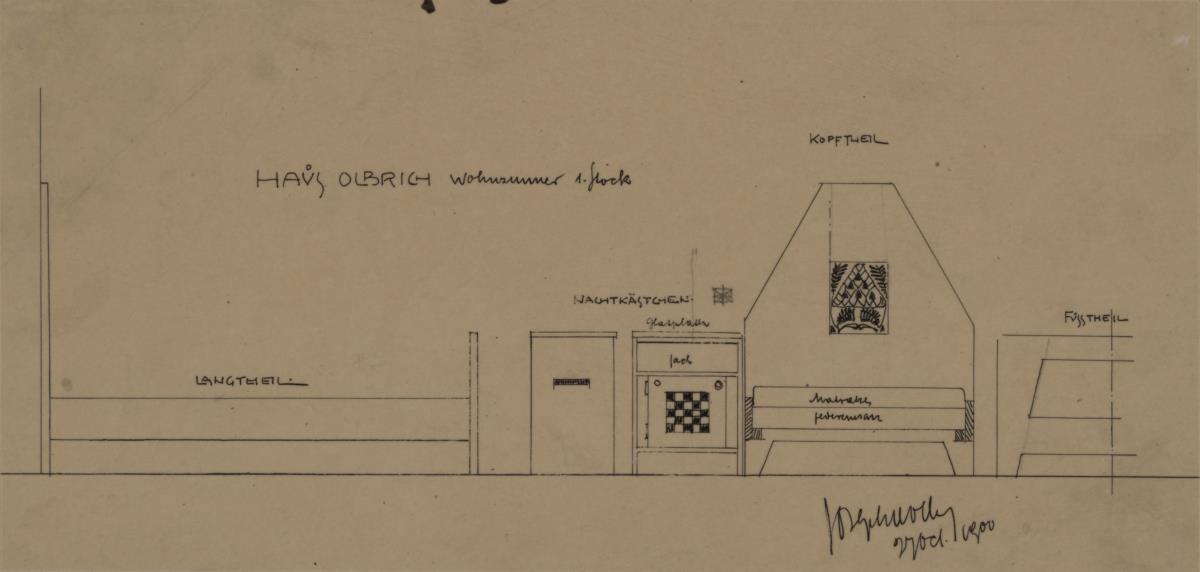 Darmstadt, Wohnhaus Olbrich, erstes Obergeschoss, Wohnzimmer, Aufrisse und Seitenansichten von Bett und Nachtschränkchen